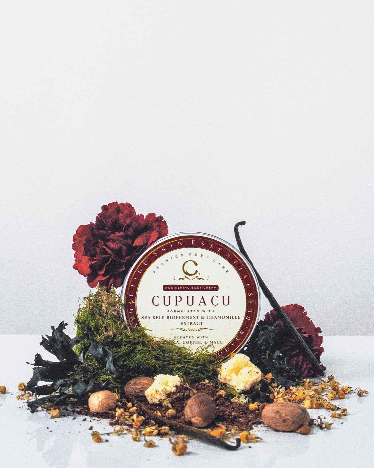 Ciiku Skin Essentials Cupuaçu Body Cream jar with chamomile, vanilla, sea kelp, and spices